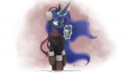 Size: 2000x1163 | Tagged: safe, artist:ncmares, character:princess luna, species:alicorn, species:pony, g4, bedroom eyes, boots, candy cane, clothing, coat, cup, earmuffs, eyeshadow, female, hot chocolate, jacket, levitation, magic, makeup, mare, raised hoof, scarf, smiling, snow, snowfall, solo, telekinesis, winter