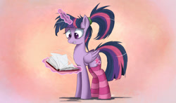 Size: 2500x1469 | Tagged: safe, artist:ncmares, character:twilight sparkle, character:twilight sparkle (alicorn), species:alicorn, species:pony, g4, alternate hairstyle, ask majesty incarnate, book, clothing, female, frown, gritted teeth, magic, mare, messy mane, nervous, ponytail, reading, socks, solo, striped socks, sweat, telekinesis