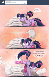 Size: 1280x2008 | Tagged: dead source, safe, artist:ncmares, edit, character:twilight sparkle, character:twilight sparkle (alicorn), species:alicorn, species:pony, g4, alternate hairstyle, ask, ask majesty incarnate, bucking, clothing, cute, female, floppy ears, frown, glare, gritted teeth, kicking, mare, ncmares is trying to murder us, pillow, pillow fight, ponytail, prone, smiling, smirk, socks, striped socks, truth, tumblr, twiabetes, wide eyes