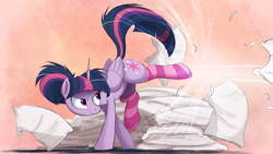 Size: 2500x1407 | Tagged: safe, artist:ncmares, character:twilight sparkle, character:twilight sparkle (alicorn), species:alicorn, species:pony, g4, action pose, bucking, clothing, female, mare, pillow, pillow fight, ponytail, socks, solo, striped socks