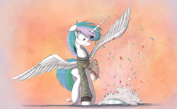 Size: 2000x1229 | Tagged: safe, artist:ncmares, character:princess celestia, species:alicorn, species:pony, episode:castle sweet castle, g4, my little pony: friendship is magic, arizona state university, clothing, hidden confetti cannon, messy mane, missing accessory, pillow, solo