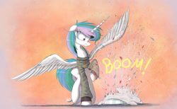 Size: 2000x1229 | Tagged: safe, artist:ncmares, character:princess celestia, species:alicorn, species:pony, episode:castle sweet castle, g4, my little pony: friendship is magic, arizona state university, ask majesty incarnate, female, hidden confetti cannon, mare, pillow, solo