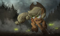 Size: 2700x1642 | Tagged: safe, artist:ncmares, character:applejack, species:earth pony, species:pony, g4, dirty, glowing eyes, mud, open mouth, raised hoof, solo, timber wolf