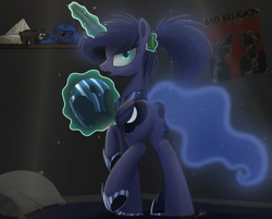 Size: 2000x1604 | Tagged: safe, artist:ncmares, character:princess luna, species:alicorn, species:pony, g4, alternate hairstyle, armor, ask majesty incarnate, bad religion, blob ponies, cartographer's cap, clothing, cute, female, hat, looking at you, looking back, magic, mare, moonbutt, ncmares is trying to murder us, nightmare moon armor, open mouth, plot, ponytail, skippy, skippy the moonrock, solo, too many ponies