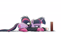 Size: 3000x1688 | Tagged: safe, artist:ncmares, character:twilight sparkle, character:twilight sparkle (alicorn), species:alicorn, species:pony, g4, ask majesty incarnate, book, calculus, clothing, coffee, fancy mathematics, female, integral, mare, math, messy mane, mug, prone, socks, solo, striped socks, studying, sweater