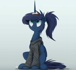 Size: 2000x1840 | Tagged: safe, artist:ncmares, character:princess luna, species:alicorn, species:pony, g4, ask majesty incarnate, clothing, cute, donut, female, hoodie, horn, horn grab, horn impalement, lunabetes, mare, ponytail, shirt, sitting, solo, the uses of unicorn horns