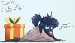 Size: 3500x2000 | Tagged: safe, artist:ncmares, character:princess luna, species:pony, g4, ask majesty incarnate, blanket, coffee, cup, dialogue, female, levitation, magic, mare, mug, present, solo, tired