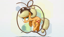 Size: 3500x2000 | Tagged: safe, artist:ncmares, character:applejack, species:earth pony, species:pony, g4, apple, blep, lasso, raised hoof, rope, solo, tongue out