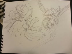 Size: 1280x960 | Tagged: safe, artist:ncmares, character:rainbow dash, character:twilight sparkle, character:twilight sparkle (alicorn), species:alicorn, species:pegasus, species:pony, g4, ask majesty incarnate, female, mare, monochrome, pillow, pillow fight, sketch, traditional art