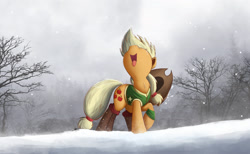 Size: 2000x1230 | Tagged: safe, artist:ncmares, character:applejack, species:earth pony, species:pony, episode:winter wrap up, g4, my little pony: friendship is magic, boots, clothing, female, looking up, mare, nose in the air, open mouth, plant team, raised hoof, silly, silly pony, snow, snowfall, solo, tongue out, vest, winter, winter wrap up vest