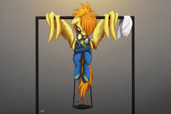 Size: 2000x1326 | Tagged: safe, artist:ncmares, character:spitfire, species:pegasus, species:pony, newbie artist training grounds, g4, earbuds, exercise, pullup, solo, towel, weights, wing hands, wing-ups, wonderbolts uniform