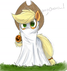 Size: 1500x1590 | Tagged: safe, artist:ncmares, character:applejack, species:earth pony, species:pony, g4, 2spooky, bedsheet ghost, clothing, costume, dialogue, female, ghost, grass, hat, mare, nightmare night, sheet, solo