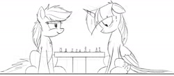 Size: 1700x749 | Tagged: safe, artist:ncmares, character:rainbow dash, character:twilight sparkle, character:twilight sparkle (alicorn), species:alicorn, species:pony, newbie artist training grounds, g4, chess, female, mare, monochrome, sitting, sketch, smiling, sweat, sweatdrop, wide eyes