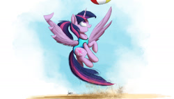 Size: 2000x1143 | Tagged: safe, artist:ncmares, character:twilight sparkle, character:twilight sparkle (alicorn), species:alicorn, species:pony, newbie artist training grounds, g4, ball, beach, beach ball, clothing, female, fun, looking up, mare, one-piece swimsuit, open mouth, ponytail, sand, signature, sky, solo, swimsuit