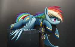 Size: 2000x1244 | Tagged: safe, artist:ncmares, character:rainbow dash, species:pegasus, species:pony, newbie artist training grounds, g4, female, frown, goggles, ice, mare, nose wrinkle, solo, tired, wonderbolts uniform