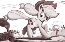 Size: 2000x1284 | Tagged: safe, artist:ncmares, character:applejack, species:earth pony, species:pony, g4, clothing, cowboy hat, freckles, giant pony, giantess, hat, macro, monochrome, open mouth, race, running, signature, solo, stetson, train, tree