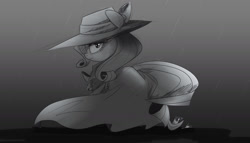 Size: 2000x1143 | Tagged: safe, artist:ncmares, character:rarity, species:pony, species:unicorn, episode:rarity investigates, g4, my little pony: friendship is magic, clothing, detective, looking at you, monochrome, noir, rain, solo
