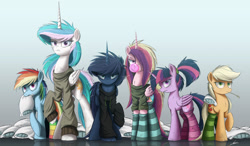 Size: 3000x1749 | Tagged: safe, artist:ncmares, character:applejack, character:princess cadance, character:princess celestia, character:princess luna, character:rainbow dash, character:twilight sparkle, character:twilight sparkle (alicorn), species:alicorn, species:pony, g4, alicorn tetrarchy, alternate hairstyle, angry, ask majesty incarnate, bed mane, bedroom eyes, blowing bubbles, bubble, bubblegum, clothing, female, food, hair over one eye, hoodie, looking at you, mare, mouth hold, nose wrinkle, pillow, rainbow socks, raised hoof, socks, striped socks, sweater, wrong neighborhood