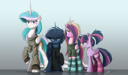 Size: 3000x1762 | Tagged: safe, artist:ncmares, character:princess cadance, character:princess celestia, character:princess luna, character:twilight sparkle, character:twilight sparkle (alicorn), species:alicorn, species:pony, g4, alicorn tetrarchy, angry, ask majesty incarnate, bed mane, bedroom eyes, blowing bubbles, bubble, bubblegum, clothing, female, hair over one eye, hoodie, looking at you, mare, pillow, raised hoof, scruffy, socks, striped socks