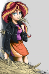 Size: 750x1132 | Tagged: safe, artist:ncmares, character:sunset shimmer, species:human, g4, my little pony:equestria girls, clothing, cute, cutie mark on clothes, eating, female, hay, homesick shimmer, humanized, humans doing horse things, jacket, leather jacket, looking at you, ncmares is trying to murder us, shimmerbetes, shirt, skirt, solo, standing, sunset wants her old digestive system back