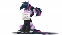 Size: 2500x1429 | Tagged: safe, artist:ncmares, character:twilight sparkle, character:twilight sparkle (alicorn), species:alicorn, species:pony, g4, ask majesty incarnate, clothing, female, hoodie, mare, mouth hold, note, ponytail, sad, sign, simple background, sitting, socks, solo, striped socks, white background