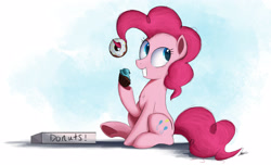 Size: 2500x1520 | Tagged: safe, artist:ncmares, character:pinkie pie, species:earth pony, species:pony, g4, chest fluff, cupcake, cute, donut, female, food, mare, ncmares is trying to murder us, sitting, smiling, solo