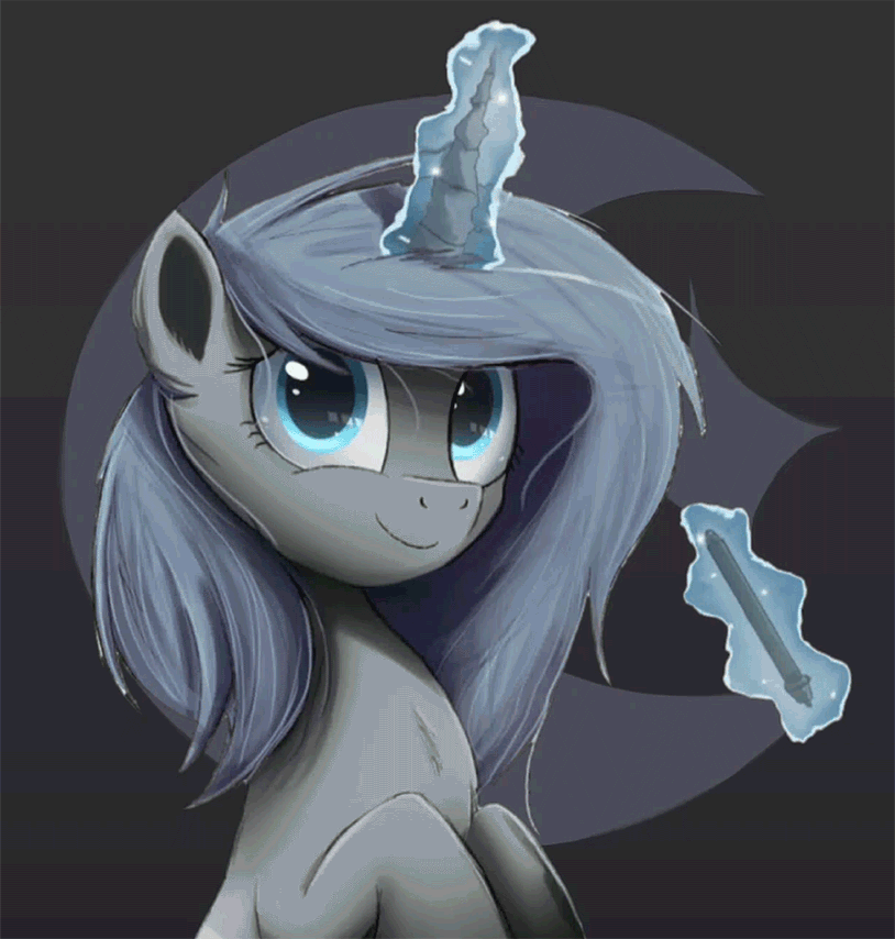 Size: 814x854 | Tagged: safe, artist:equum_amici, artist:ncmares, oc, oc only, oc:crescent hue, species:pony, species:unicorn, g4, animated, bust, chest fluff, cinemagraph, female, glowing horn, horn, levitation, looking at you, magic, mare, pencil, rest in peace, smiling, solo, telekinesis