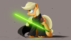 Size: 2000x1143 | Tagged: safe, artist:ncmares, character:applejack, species:earth pony, species:pony, g4, cloak, clothing, commission, crossover, hatless, jedi, lightsaber, missing accessory, solo, star wars