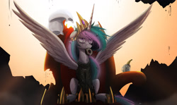 Size: 2500x1489 | Tagged: safe, artist:ncmares, character:princess celestia, species:alicorn, species:pony, g4, ask majesty incarnate, badass, banana, clothing, coffee cup, cup, donut, epic, food, lorde, mouth hold, parody, pillow, sitting, solo, spread wings, team, throne, torn clothes, wings