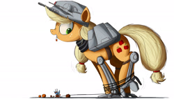 Size: 2500x1429 | Tagged: safe, artist:ncmares, character:applejack, character:rainbow dash, species:earth pony, species:pegasus, species:pony, g4, armor, at-at, bondage, clothing, costume, crossover, cute, dashabetes, eyes closed, frown, giant pony, gritted teeth, halloween, halloween costume, helmet, hogtied, holiday, jackabetes, looking back, macro, mouth hold, ncmares is trying to murder us, nightmare night, nose wrinkle, open mouth, pumpkin, raised leg, simple background, size difference, smiling, snowspeeder, star wars, tied up, white background, wide eyes
