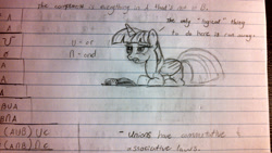 Size: 3264x1836 | Tagged: safe, artist:ncmares, character:twilight sparkle, character:twilight sparkle (alicorn), species:alicorn, species:pony, g4, female, lined paper, mare, math, monochrome, photo, prone, set theory, sketch, traditional art
