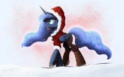 Size: 2000x1250 | Tagged: safe, artist:ncmares, character:princess luna, species:alicorn, species:pony, g4, boots, candy, candy cane, clothing, cold, female, food, mare, mouth hold, santa costume, snow, snowfall, solo, winter