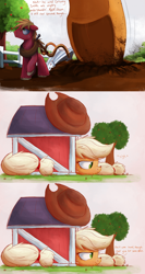 Size: 2000x3750 | Tagged: safe, artist:ncmares, character:applejack, character:big mcintosh, species:earth pony, species:pony, g4, apple, ask, barn, big-apple-pony, clothing, cowboy hat, dialogue, food, freckles, frown, hat, macro, male, nose wrinkle, plow, smiling, stallion, stetson, sweet apple acres, tree, tumblr, underhoof