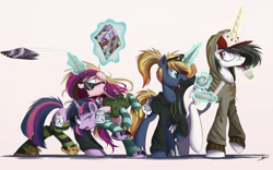 Size: 2500x1563 | Tagged: safe, artist:ncmares, character:princess cadance, character:princess celestia, character:princess luna, character:twilight sparkle, character:twilight sparkle (alicorn), species:alicorn, species:pony, equestria daily, g4, alicorn tetrarchy, ask majesty incarnate, clothing, dashie slippers, disguise, fake cutie mark, female, hoodie, levitation, magazine, magic, majestic as fuck, mare, my eyes are up here, open mouth, paper-thin disguise, simple background, slippers, socks, sticky note, striped socks, sunglasses, telekinesis, twily slippers, white background, wig