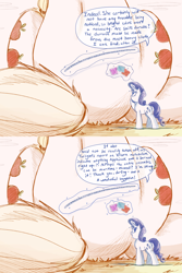 Size: 2818x4208 | Tagged: dead source, safe, artist:ncmares, character:applejack, character:rarity, species:pony, g4, ask, big-apple-pony, both cutie marks, dialogue, fabric, giant pony, macro, magic, measuring tape, plot, sitting, telekinesis, tumblr