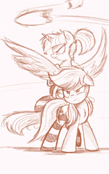 Size: 2500x4000 | Tagged: safe, artist:ncmares, character:applejack, character:twilight sparkle, character:twilight sparkle (alicorn), species:alicorn, species:pony, g4, ask, big-apple-pony, clothing, female, frown, mare, monochrome, pillow, pillow fight, serious face, sketch, socks, striped socks, tumblr