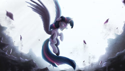 Size: 2000x1141 | Tagged: safe, artist:ncmares, character:twilight sparkle, character:twilight sparkle (alicorn), species:alicorn, species:pony, g4, angry, backlighting, badass, female, flying, mare, solo