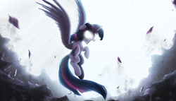 Size: 2000x1141 | Tagged: safe, artist:ncmares, character:twilight sparkle, character:twilight sparkle (alicorn), species:alicorn, species:pony, g4, angry, female, floppy ears, flying, glowing eyes, mare, open mouth, solo, spread wings, wings