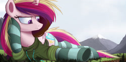 Size: 2500x1243 | Tagged: safe, artist:ncmares, character:prince rutherford, character:princess cadance, species:pony, species:yak, g4, ask, big-pon, bored, clothing, giant pony, giantess, hoodie, macro, mega cadance, ork, socks, solo focus, spear, story included, striped socks, thigh highs, tumblr, underhoof, waaagh!, warhammer (game), warhammer 40k, weapon