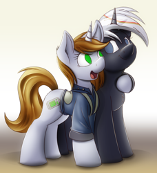 Size: 2528x2776 | Tagged: safe, artist:allyster-black, artist:ncmares, artist:ralek, oc, oc only, oc:littlepip, oc:velvet remedy, species:pony, species:unicorn, fallout equestria, g4, chest fluff, clothing, collaboration, duo, ear fluff, fanfic, fanfic art, female, fluffy, hooves, horn, hug, looking at each other, mare, open mouth, pipbuck, smiling, standing, vault suit, when you see it