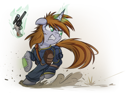 Size: 1024x745 | Tagged: safe, artist:allyster-black, artist:ncmares, artist:ralek, oc, oc only, oc:littlepip, species:pony, species:unicorn, fallout equestria, g4, action pose, badass, clothing, collaboration, fanfic, fanfic art, female, glowing horn, gritted teeth, gun, gunfire, handgun, hooves, horn, jumpsuit, levitation, little macintosh, looking at something, magic, mare, optical sight, pipbuck, pipleg, revolver, simple background, solo, teeth, telekinesis, transparent background, vault suit, weapon