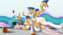 Size: 2000x1125 | Tagged: safe, artist:ncmares, character:princess celestia, species:alicorn, species:earth pony, species:pegasus, species:pony, species:unicorn, g4, ask majesty incarnate, cake, cakelestia, celestia is not amused, female, food, group, male, mare, mr president get down, royal guard, stallion, strawberry, this will end in tears and/or a journey to the moon, unamused