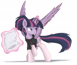Size: 2650x2250 | Tagged: safe, artist:ncmares, character:twilight sparkle, character:twilight sparkle (alicorn), species:alicorn, species:pony, g4, bed mane, clothing, female, frown, glare, hoodie, levitation, magic, majestic as fuck, mare, pillow, ponytail, raised hoof, serious, socks, solo, spread wings, stockings, sweater, telekinesis, wings