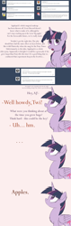Size: 1280x4066 | Tagged: safe, artist:ncmares, character:applejack, character:twilight sparkle, character:twilight sparkle (alicorn), species:alicorn, species:pony, g4, ask, big-apple-pony, female, fluffy, mare, offscreen character, that pony sure does love apples, tumblr
