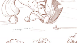 Size: 2000x1125 | Tagged: safe, artist:ncmares, character:applejack, character:rainbow dash, species:pony, g4, big-apple-pony, enya, falling, flying, giant pony, lyrics, macro, monochrome, scrunchy face, this will end in tears