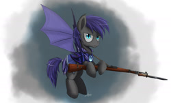 Size: 2000x1209 | Tagged: source needed, safe, artist:ncmares, oc, oc only, oc:au hasard, species:bat pony, species:pony, g4, armor, bayonet, flying, gun, kar98k, looking at you, mauser, night guard, night guard armor, rifle, royal guard, slit eyes, solo, weapon