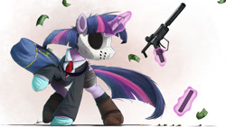 Size: 2000x1125 | Tagged: safe, artist:ncmares, character:twilight sparkle, character:twilight sparkle (alicorn), species:alicorn, species:pony, g4, clothing, commission, crossover, female, gun, magic, mare, money, necktie, payday 2, payday the heist, solo, suit, weapon
