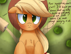 Size: 2420x1841 | Tagged: safe, artist:ncmares, character:applejack, species:earth pony, species:pony, g4, big-apple-pony, dialogue, falling, floppy ears, frown, giantess, macro, solo, toilet humor