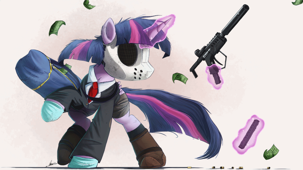 Size: 1000x563 | Tagged: safe, artist:ncmares, artist:theshadowscale, character:twilight sparkle, character:twilight sparkle (alicorn), species:alicorn, species:pony, g4, animated, badass, clothing, crossover, female, gun, magic, mare, money, necktie, payday 2, payday the heist, solo, weapon