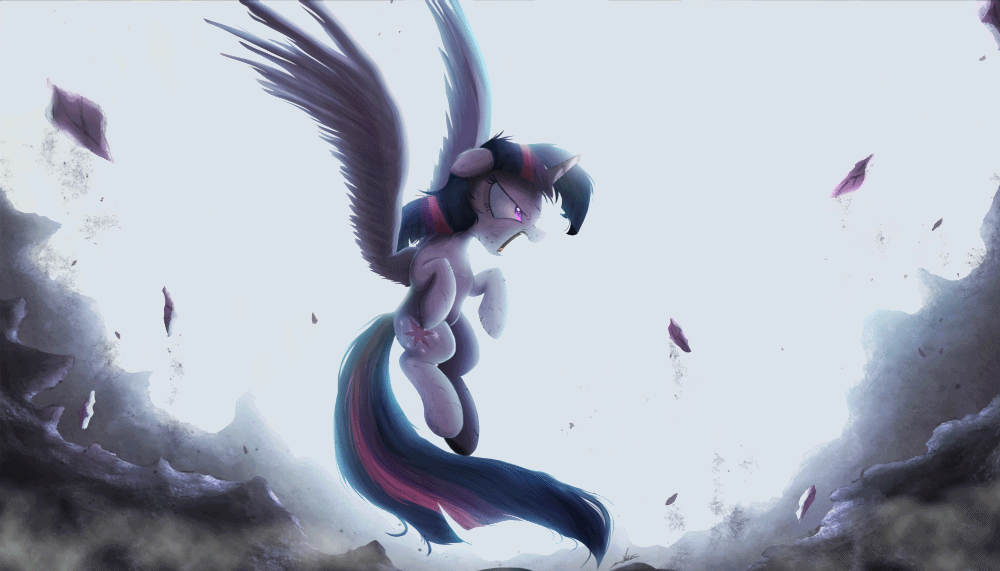 Size: 1000x571 | Tagged: safe, artist:ncmares, artist:theshadowscale, character:twilight sparkle, character:twilight sparkle (alicorn), species:alicorn, species:pony, g4, angry, animated, crepuscular rays, dust, female, flying, mare, solo